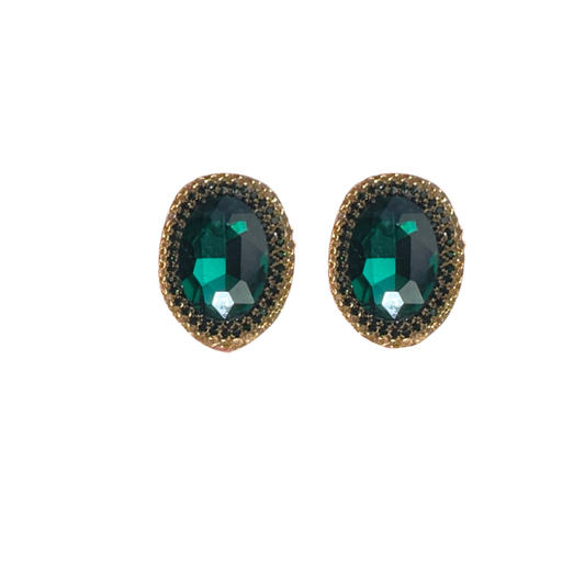 Maxi Emerald Cabochon Earrings with Dark Green Strass Details 💎💚