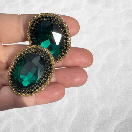 Maxi Emerald Cabochon Earrings with Dark Green Strass Details 💎💚