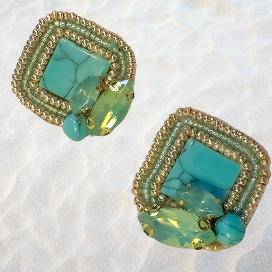 Turquoise Square Cabochon Earrings with Gold Miyuki Details and Aquamarine Accents