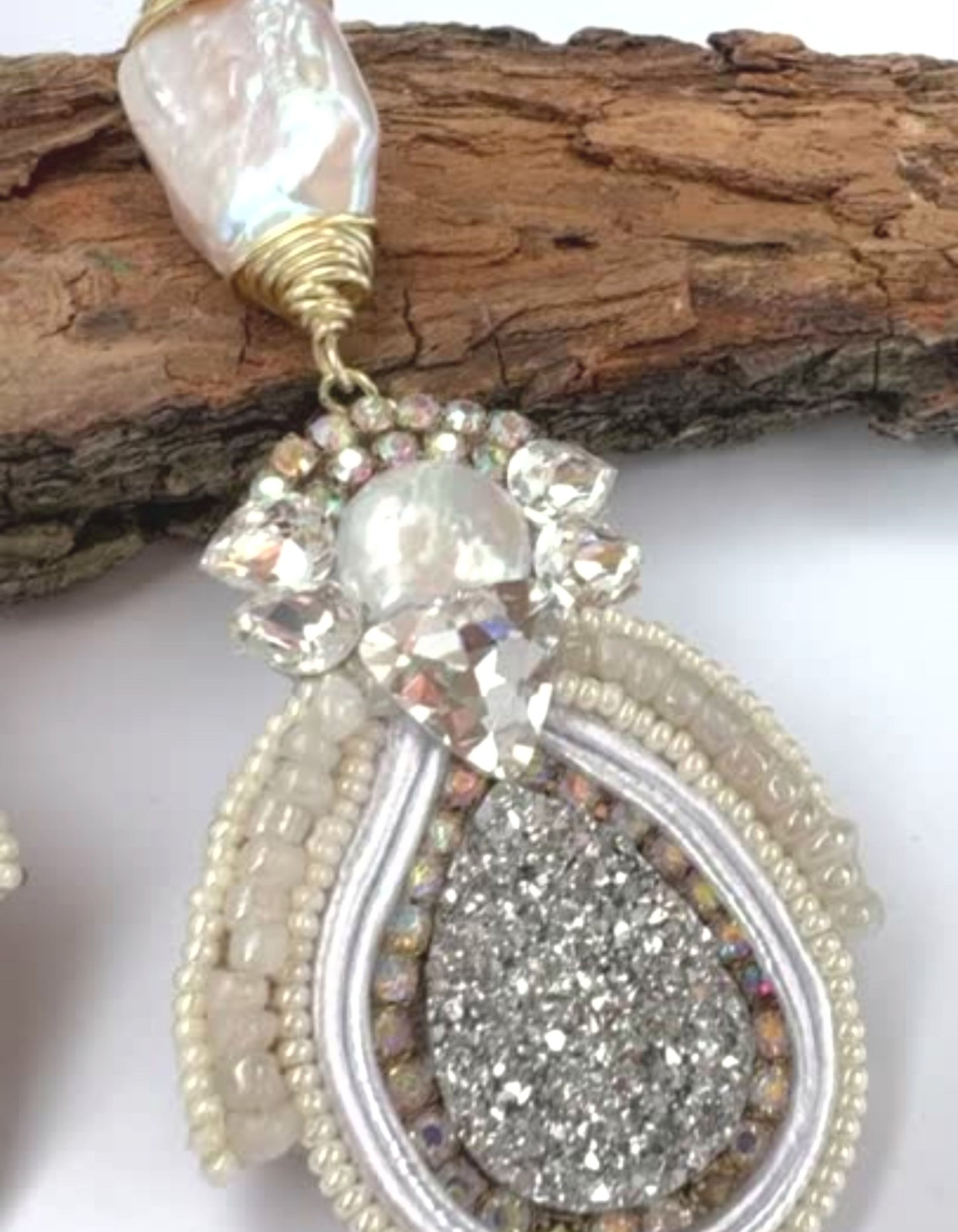 Handcrafted Silver Drop Earrings with Mother-of-Pearl and Crystals - Handwoven Elegance for Special Moments