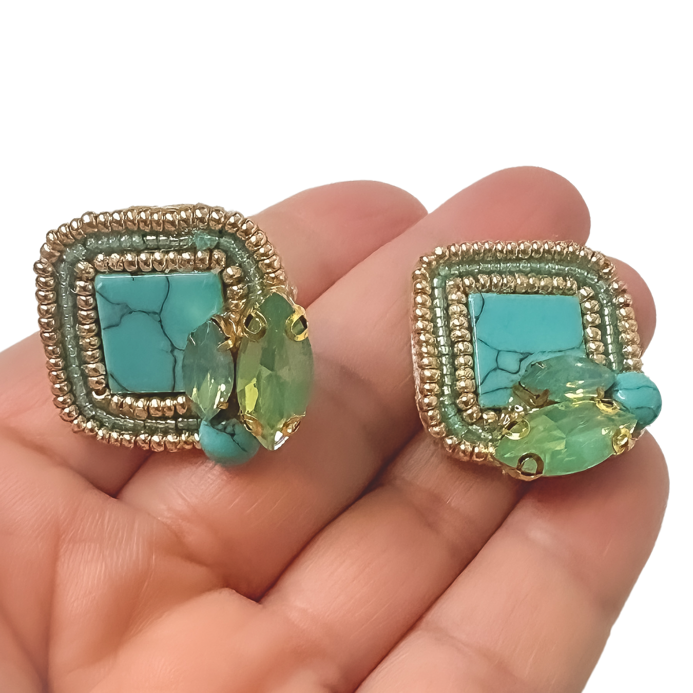 Turquoise Square Cabochon Earrings with Gold Miyuki Details and Aquamarine Accents