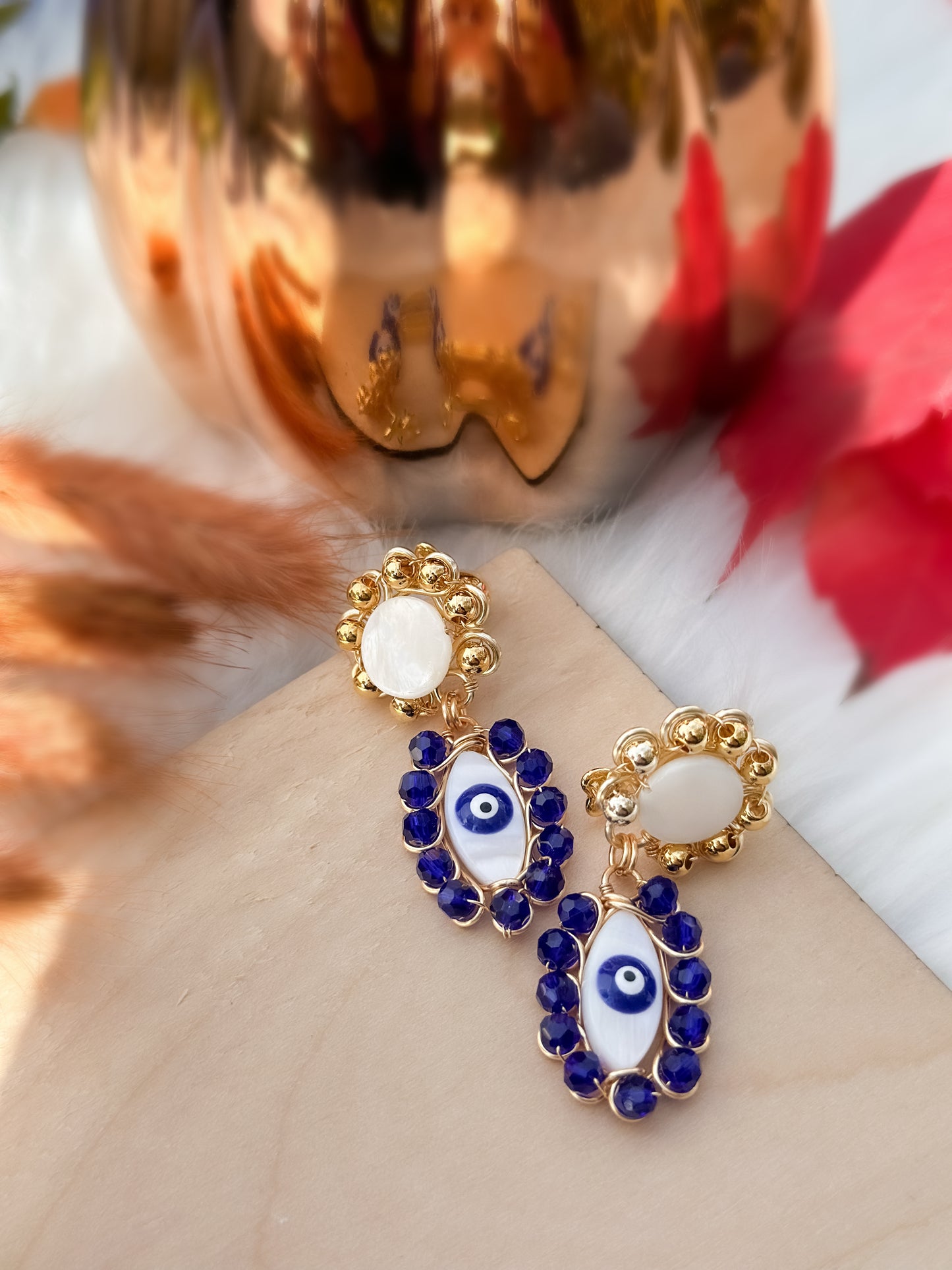 Mother of Pearl Earrings with Evil Eye and Royal Blue Czech Beads