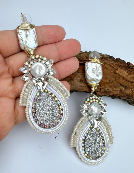 Handcrafted Silver Drop Earrings with Mother-of-Pearl and Crystals - Handwoven Elegance for Special Moments