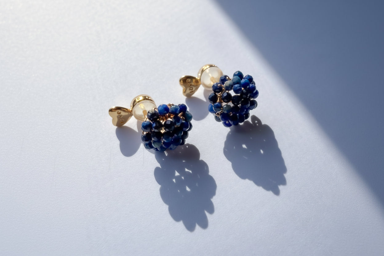Natural Stone Stud Earrings — Handmade Gold Plated Wire | Lapis Lazuli, Quartz & Amethyst