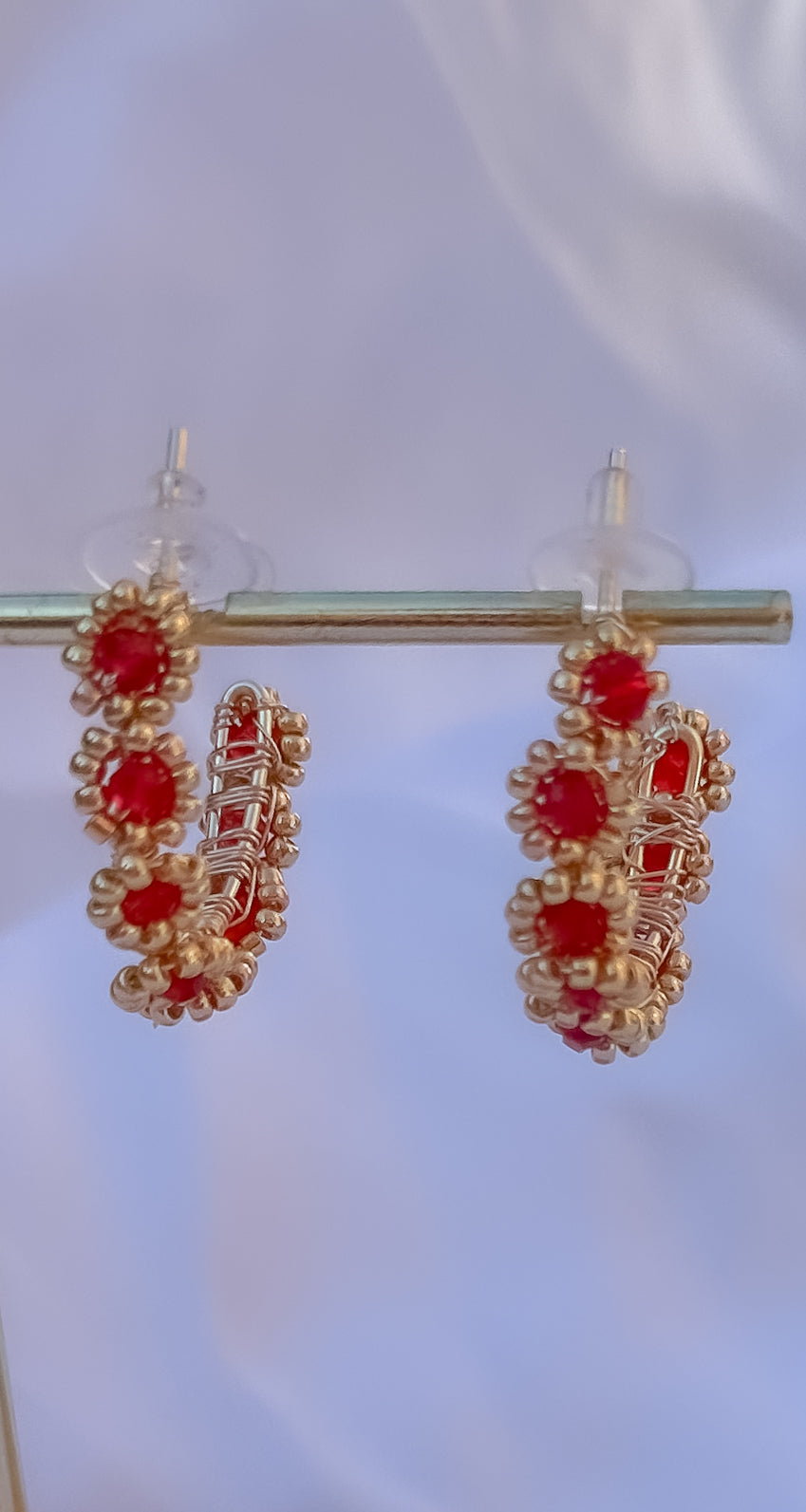 Daisy Earrings in cherry red  . Renewed Boho Hoops: Woven Flowers of the 90s