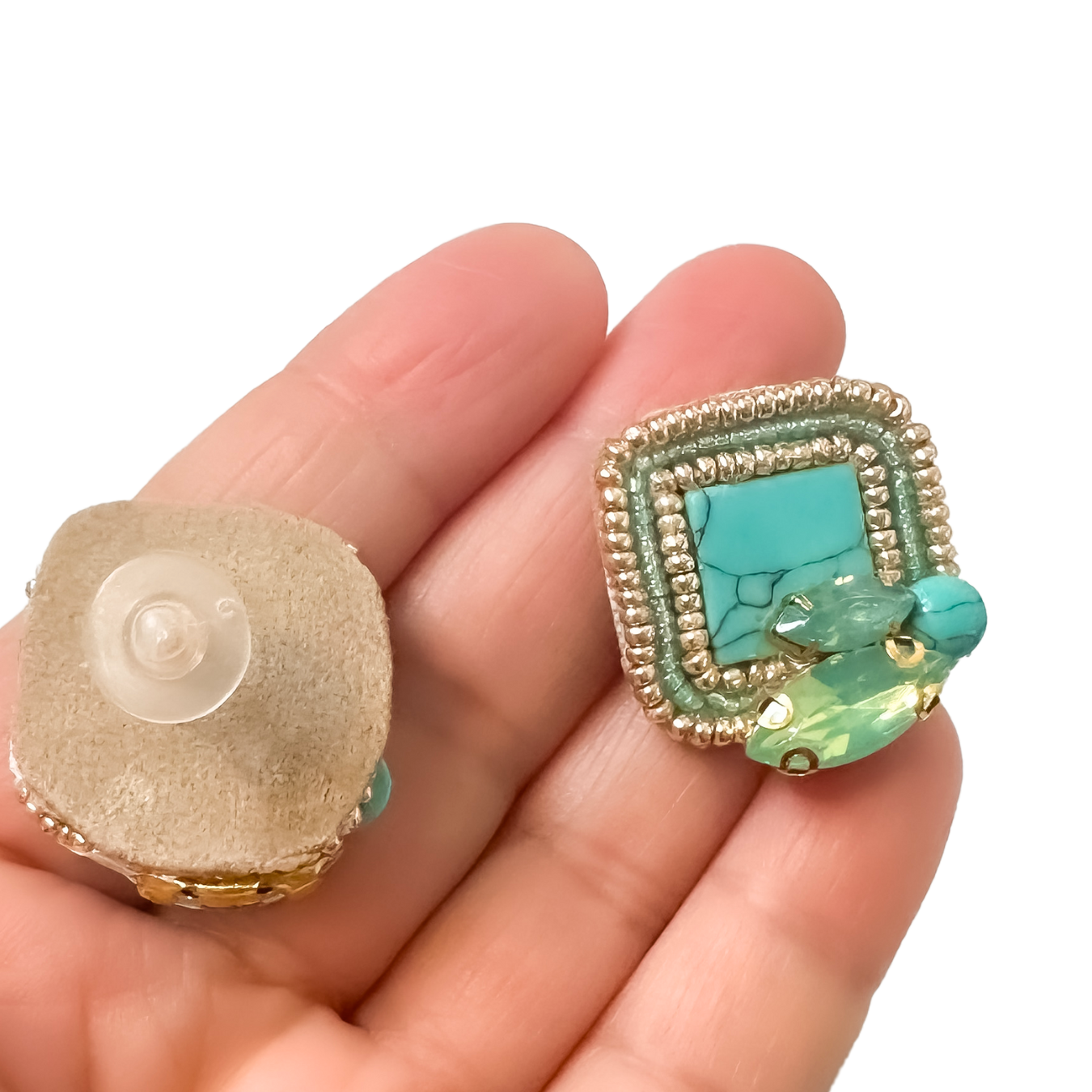 Turquoise Square Cabochon Earrings with Gold Miyuki Details and Aquamarine Accents