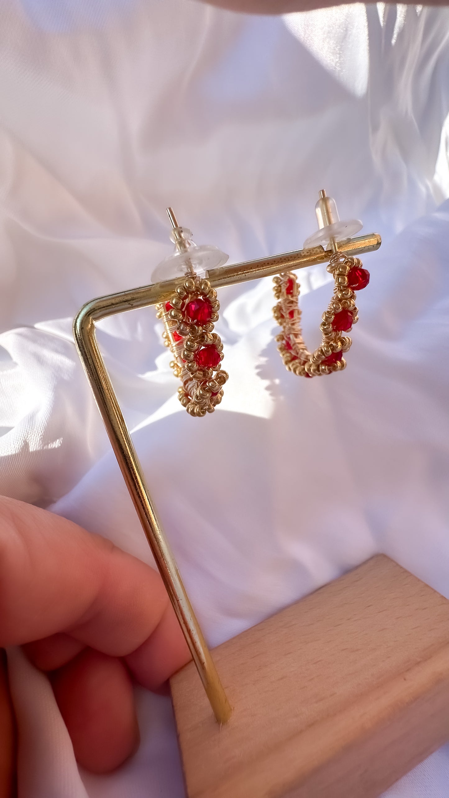 Daisy Earrings in cherry red  . Renewed Boho Hoops: Woven Flowers of the 90s
