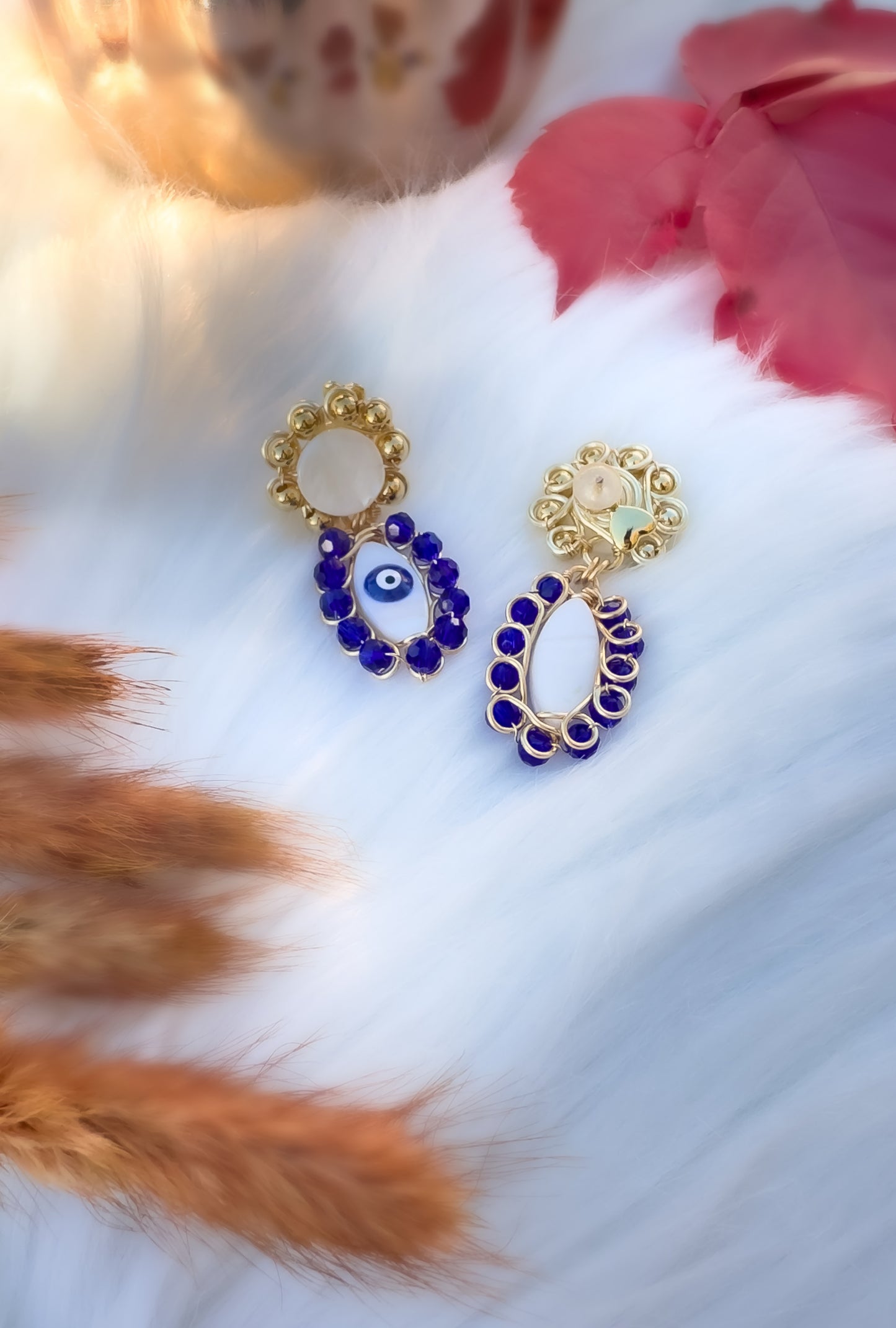 Mother of Pearl Earrings with Evil Eye and Royal Blue Czech Beads