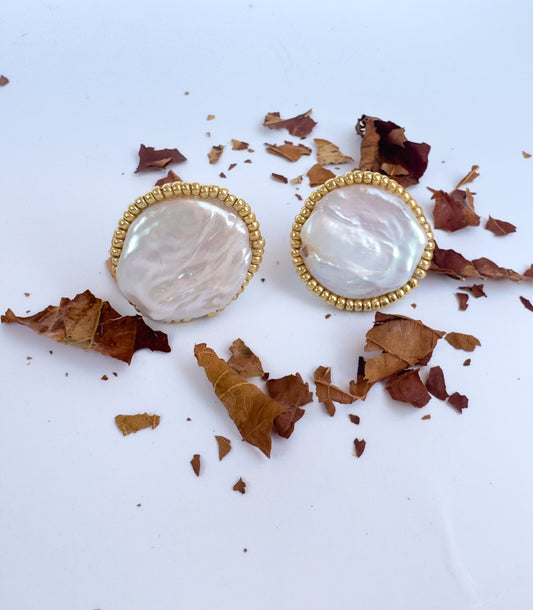 Dream Cabochon Earrings: Golden Miyuki and Mother-of-Pearl