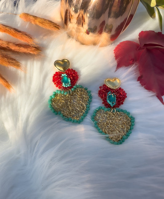 Maxi Anni ❤️  – Handcrafted Heart Earrings with Coral and Turquoise Agate Beads