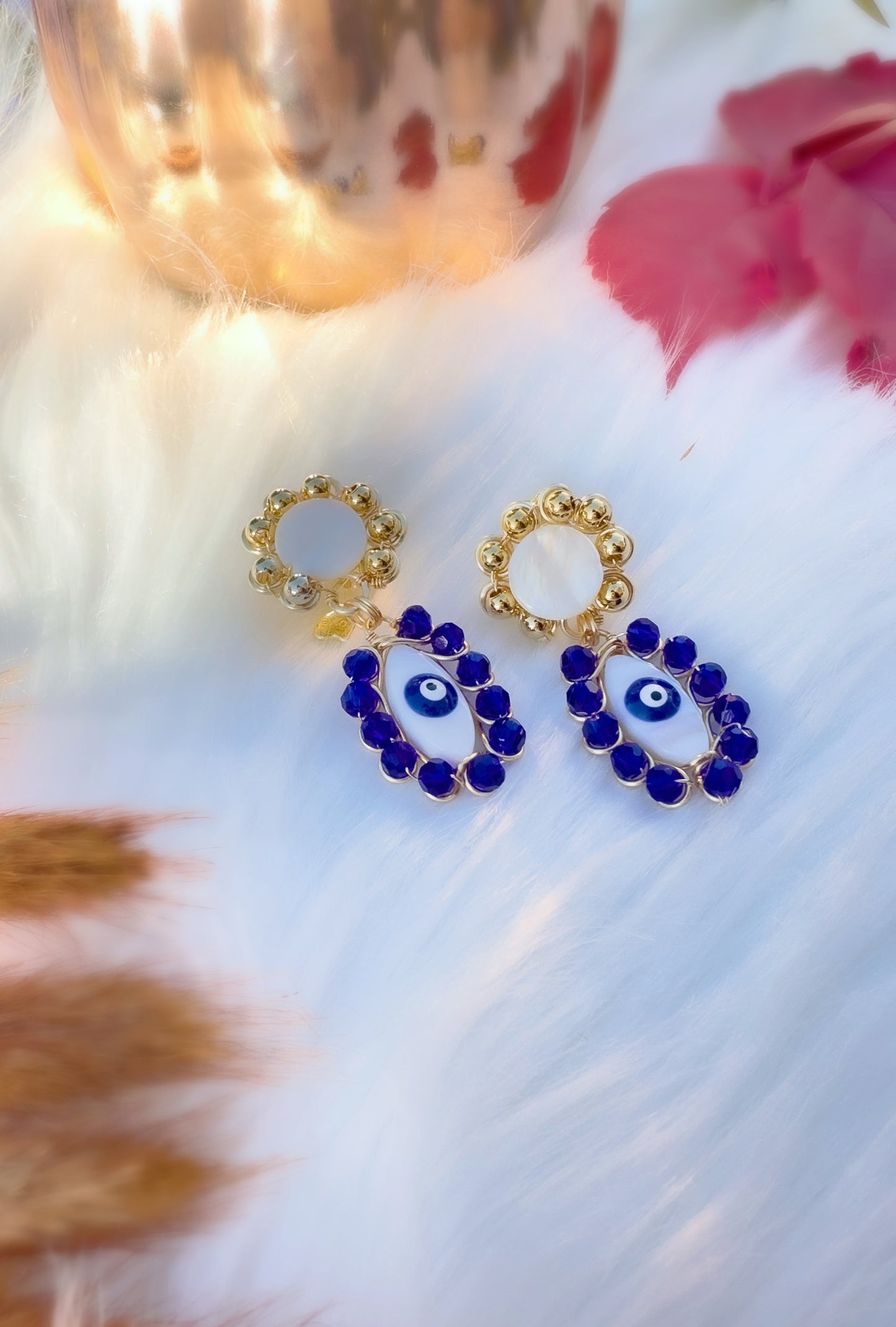 Mother of Pearl Earrings with Evil Eye and Royal Blue Czech Beads