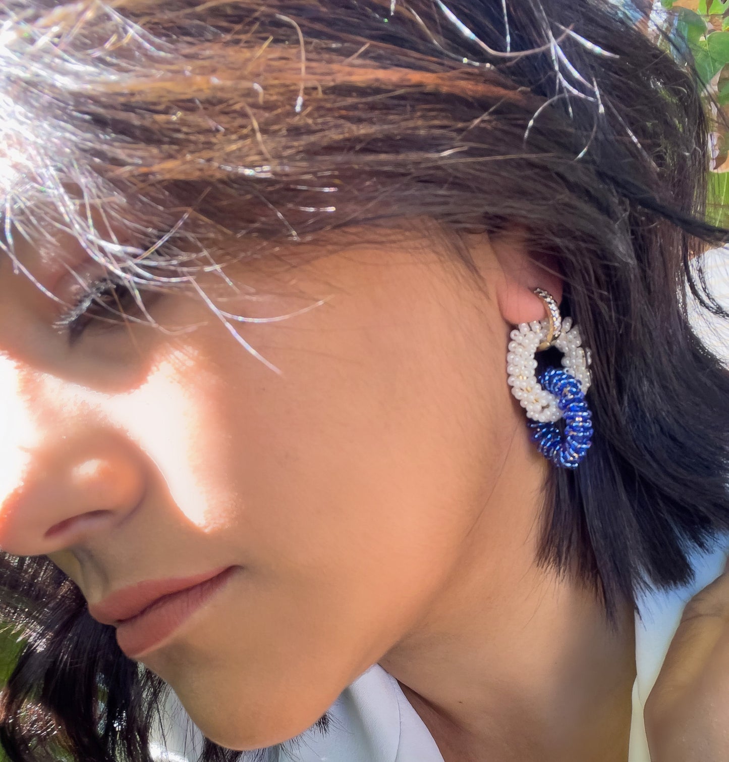 Infinity Earrings in Blue and White - Handcrafted with Japanese Miyuki Beads on Stainless Steel Hoops