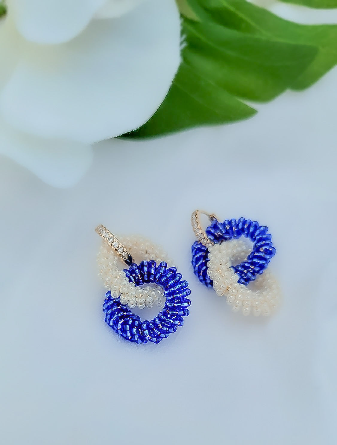 Infinity Earrings in Blue and White - Handcrafted with Japanese Miyuki Beads on Stainless Steel Hoops