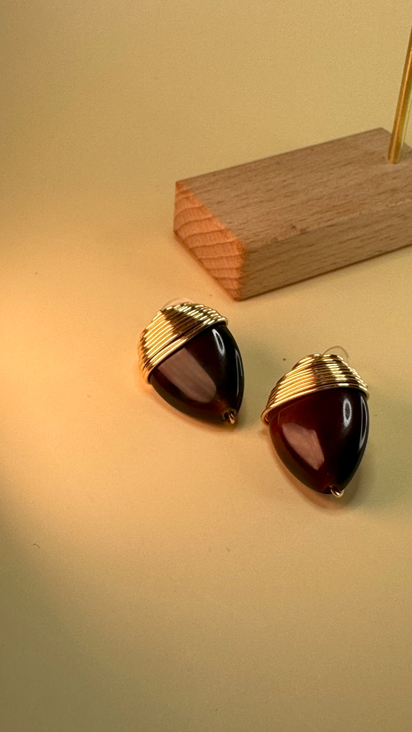 Brown Jade Stone Earrings - Twisted Design and Inverted Drop Style