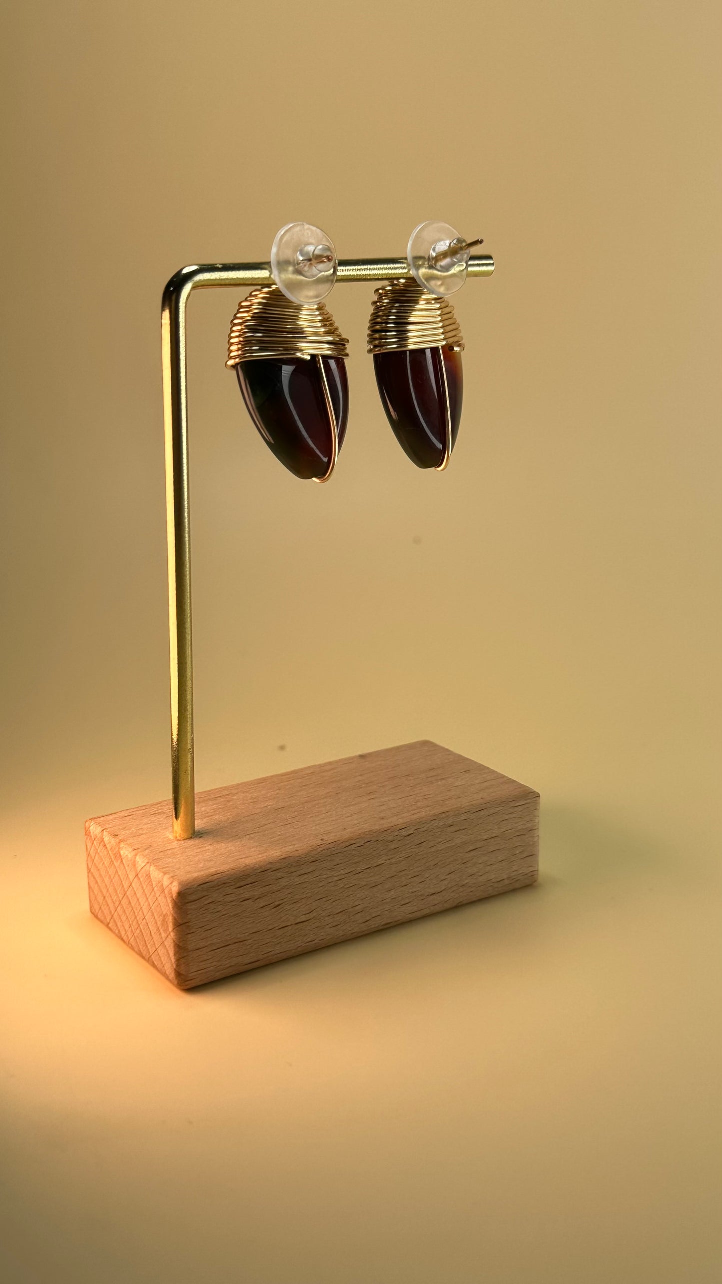 Brown Jade Stone Earrings - Twisted Design and Inverted Drop Style